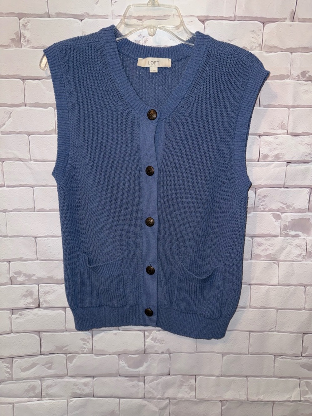 LOFT Blue Sleeveless Button-Up Knit Vest with Pockets